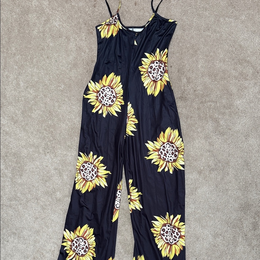 SHEIN Black Jumpsuit with Sunflower Print